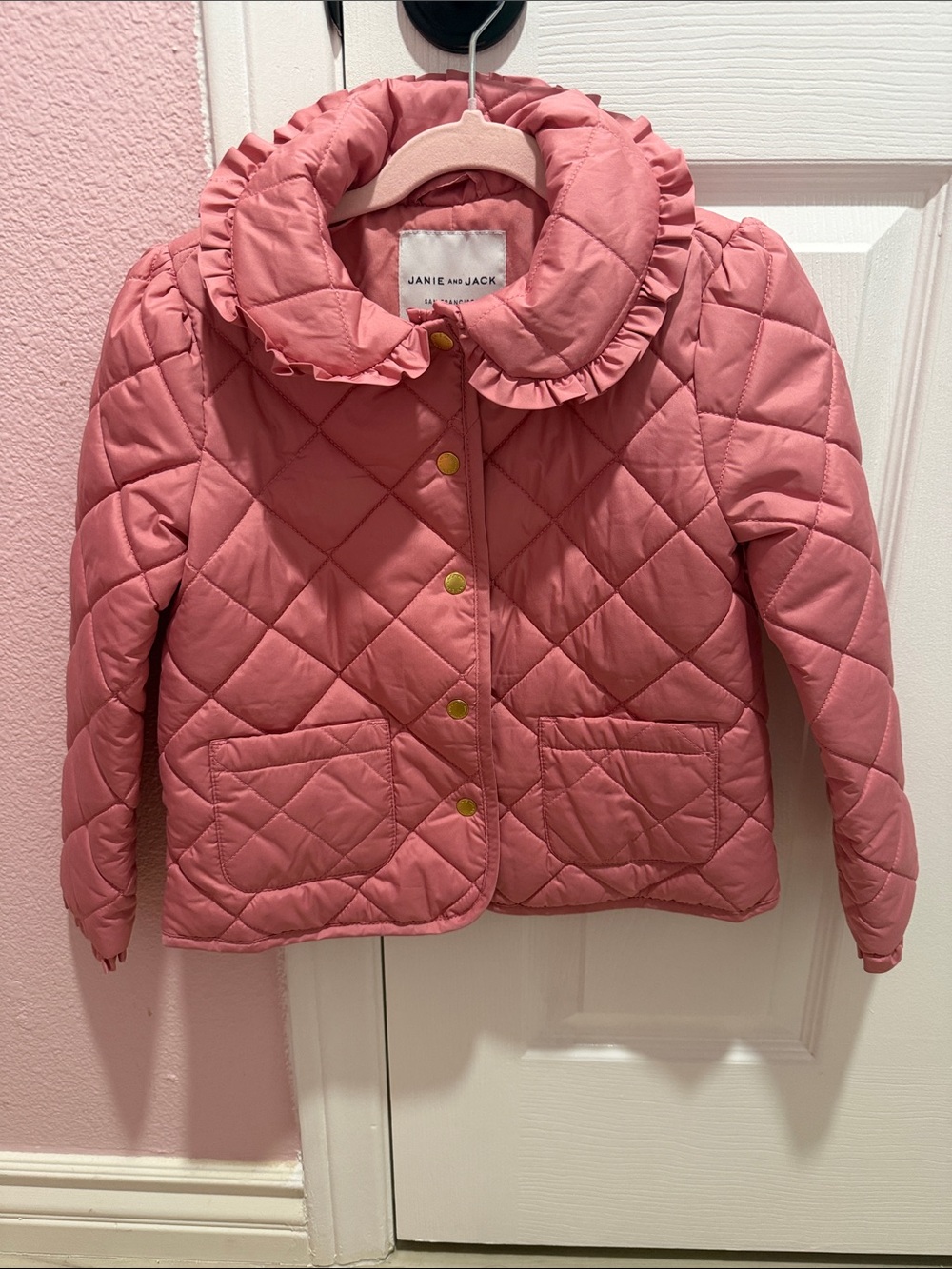 Janie and Jack Coral Pink Quilted Ruffle Collar Puffer Jacket